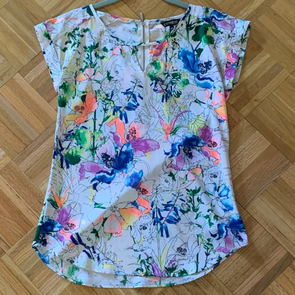 EXPRESS Colorful Floral Print Cap-Sleeve Blousy Top Women's Size XS - EUC